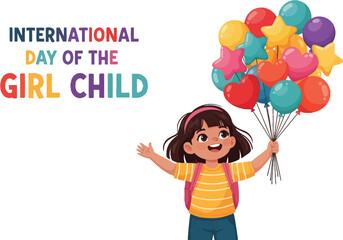 A cheerful girl celebrates international day of girl child with colorful balloons
