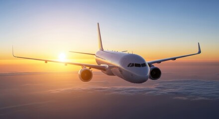 Commercial airplane flying above clouds during sunset with sun flare