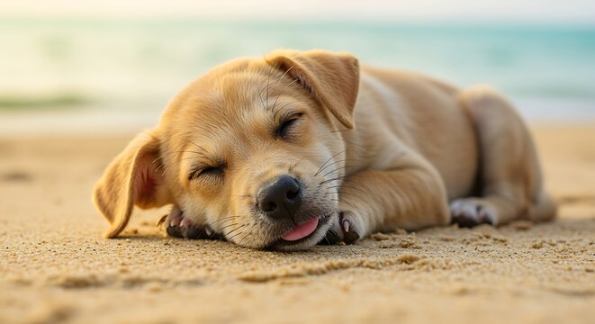 Sleepy puppy on beach sand