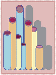The artwork features tall cylindrical tubes in pastel shades of blue, yellow, and orange, arranged in varying heights with shadows, creating a modern geometric structure against a pink backdrop.