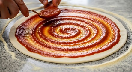 Pizza Preparation with Tomato Sauce Spiral.