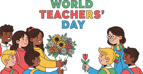 Celebrating world teachers day with students giving flowers to their teacher as a thank you