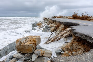 Eroded coastline with crashing waves and damaged road on a stormy day