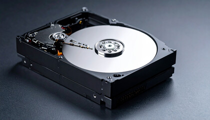 Detailed view of exposed hard drive platter and read/write head on dark background