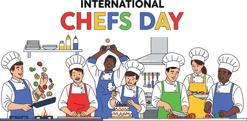 International chefs day celebration with diverse culinary experts in kitchen