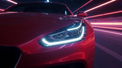 Closeup of red sports car speeding on a neon-lit road at night