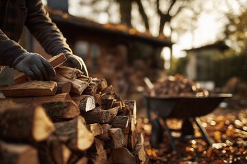 Chopping and stacking firewood in a serene outdoor setting during the golden hour on a cool autumn day