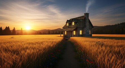 Rustic Farmhouse at Golden Sunset.