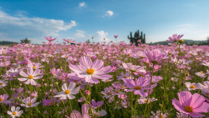満開のピンクのコスモスが風に揺れる穏やかな田園風景を明るいトーンで仕上げ見出しを重ねても可読性の高い広告向けボタニカル写真.生成AI