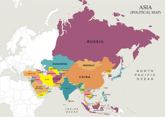 Asia Political Map Vector with Geographic Borders of Individual Countries in Colorful Illustration.