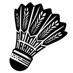 Detailed black and white illustration of a badminton shuttlecock with feather and patterned design elements