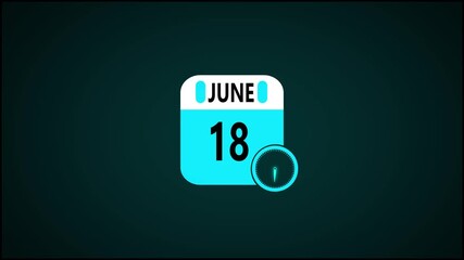 June month calendar animation on black background. Animated calendar icon showing the date June 18th. Digital calendar design icon animation 4k video.