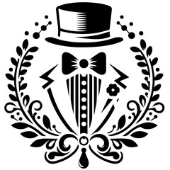 Elegant gentleman emblem featuring a top hat bow tie and tuxedo jacket within a decorative laurel wreath