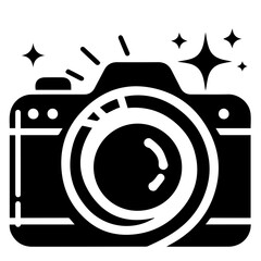 Illustration of a black and white camera with a large lens and sparkling light effects around it design