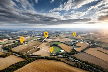 Aerial view of farmland with digital mapping markers and connectivity lines