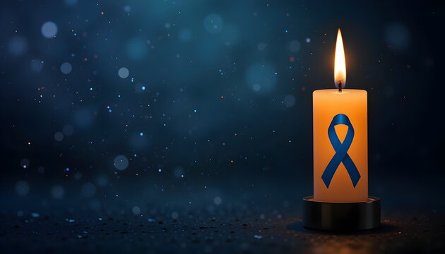Burning candle with blue awareness ribbon symbolizes hope, support, and remembrance on a dark, shimmering background, perfect for memorial events