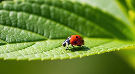 Obraz premium Ladybug on vibrant green leaf. Close-up of a small, red and black ladybug meticulously traversing a healthy, lush green leaf