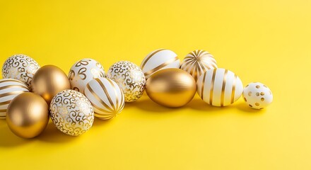 Golden and White Christmas Ornaments on Yellow Background.