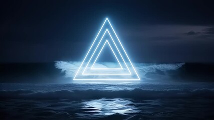 Neon geometric triangles illuminating stormy ocean waves with dynamic light effects - Powered by Adobe