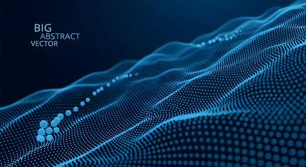 Abstract flowing blue digital waves created from countless small dots creating a vibrant and dynamic futuristic technological network visualization
