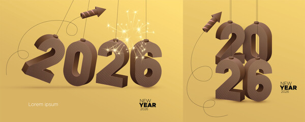 Elegant 3D numbers 2026 with dotted texture hanging on golden background, decorated with fireworks and festive elements, perfect for New Year greeting and celebration design.