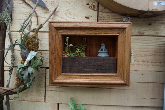 Rustic wooden shadow box with miniature plant and figurine mounted on wall as artistic decor