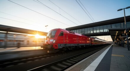 Naklejka premium A bright red train speeding through a station at sunset with the sun flaring