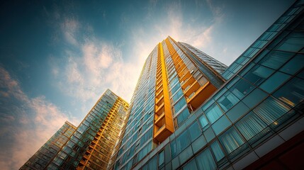 Fototapeta premium Modern glass skyscrapers with balconies against a dramatic cloudy sky during sunset
