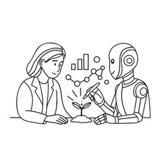 vector illustration of a robot and woman in a suit and a black suit with a laptop.