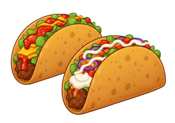 Cartoon tacos with lettuce tomato and cheese Cute taco cartoon illustration with vegetables cheese and meat filling