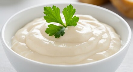 Creamy horseradish sauce in a bowl adorned with fresh green parsley sprig
