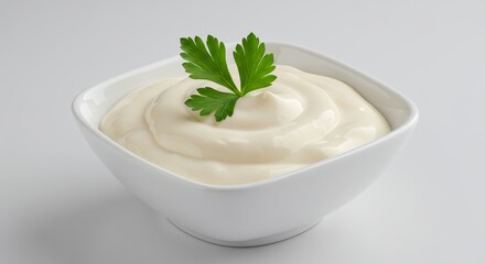 Creamy horseradish sauce in a pristine white bowl with fresh parsley garnish