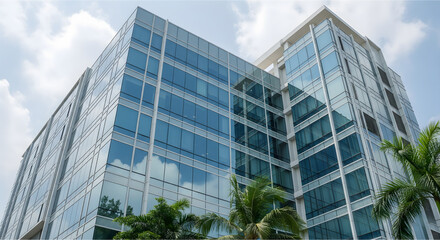 Modern Glass Skyscraper Architecture Reflecting the Blue Sky and Palm Trees in Sunlight