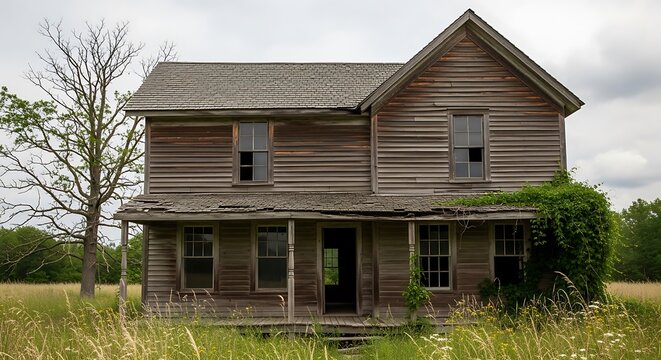 Abandoned Wooden House in Rural Field.