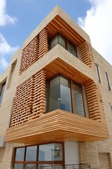 Obraz premium Geometric Brick Building Exterior with a Unique Layered Pattern Under a Clear Sky