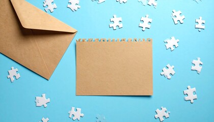 Blank note, envelope, and puzzle pieces on a blue surface