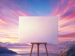 A blank canvas on an easel against a vibrant sunset backdrop, perfect for artists.