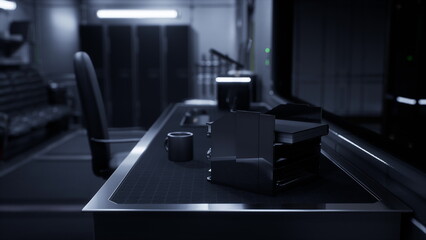 Metal and glass blend seamlessly in a stylish workspace where advanced technology meets functionality. Soft lighting creates an ambiance of innovation and productivity.