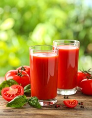 Two glasses of tomato juice with fresh tomatoes