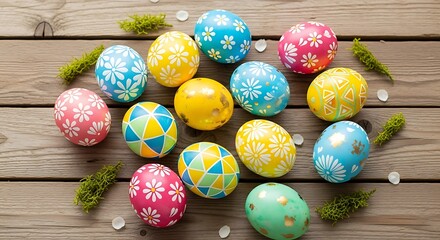 Colorful Easter Eggs on Wooden Background.