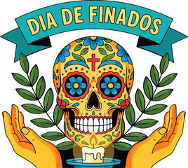 Dia de finados illustration with sugar skull, candle and hands on white background
