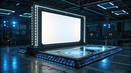 Fototapeta premium A modern stage setup featuring a large screen and illuminated platform, designed for presentations or performances in a spacious venue.