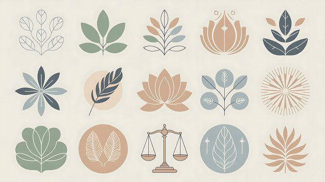 Calming wellness icons representing health, balance, and nature.