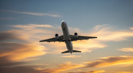 Commercial airplane ascending into a dramatic sunset sky with colorful clouds