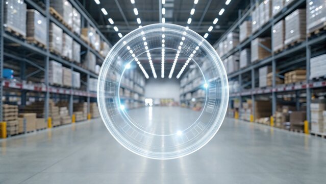 A futuristic, digital overlay in a warehouse setting, showcasing advanced technology amidst stacked pallets and industrial lighting.