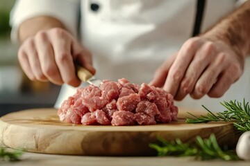 A chef prepares fresh minced meat on a wooden cutting board, surrounded by herbs, showcasing a focus on culinary skills and ingredients.