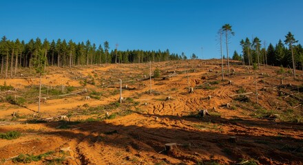 Naklejka premium A sun-drenched hillside, once dense with pine trees, now barren and eroded, showcasing the aftermath of deforestation.