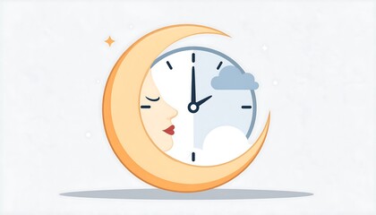 A crescent moon with a woman's face, symbolizing sleep, overlaid with a clock