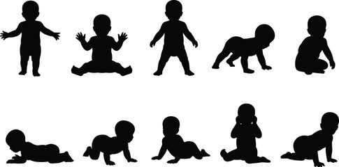 Baby silhouette collection, crawling baby, sitting baby, standing baby, infant poses, toddler clipart, child silhouette vector, isolated baby shapes, black baby design