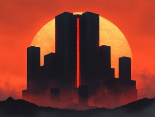 A dramatic skyline silhouetted against a large orange sun at dusk.
